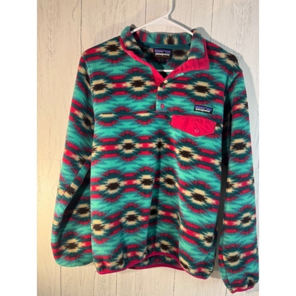 Rare VTG PATAGONIA Aztec Navajo Striped All Over Print Snap-T Sweatshirt 90s Sm